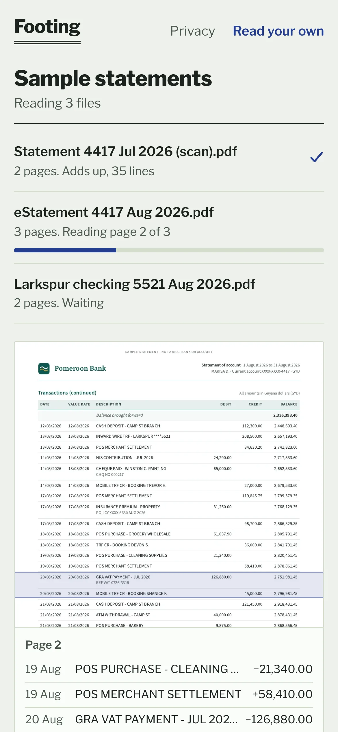 Footing on a phone, reading the three sample statements: the scanned July statement is done and adds up, with 35 lines; the August statement is on page 2 of 3, with the page's image, the lines being read marked on it, and the lines read so far listed below; the US statement waits its turn.