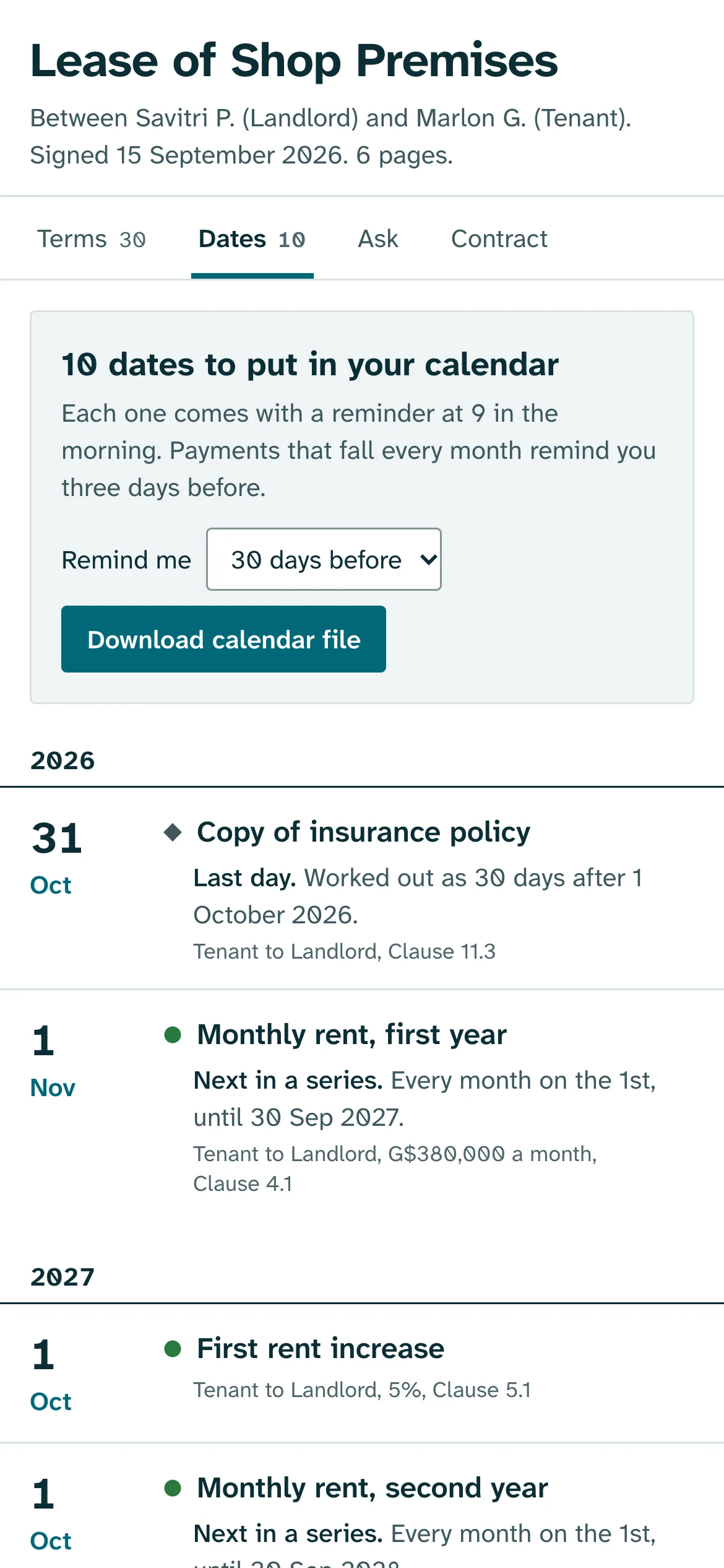 Particulars on a phone: the shop lease's dates in order, soonest first, under a button that downloads them as a calendar file with reminders.