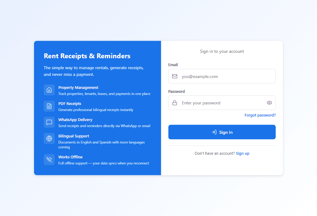 Rent Receipts App landing page