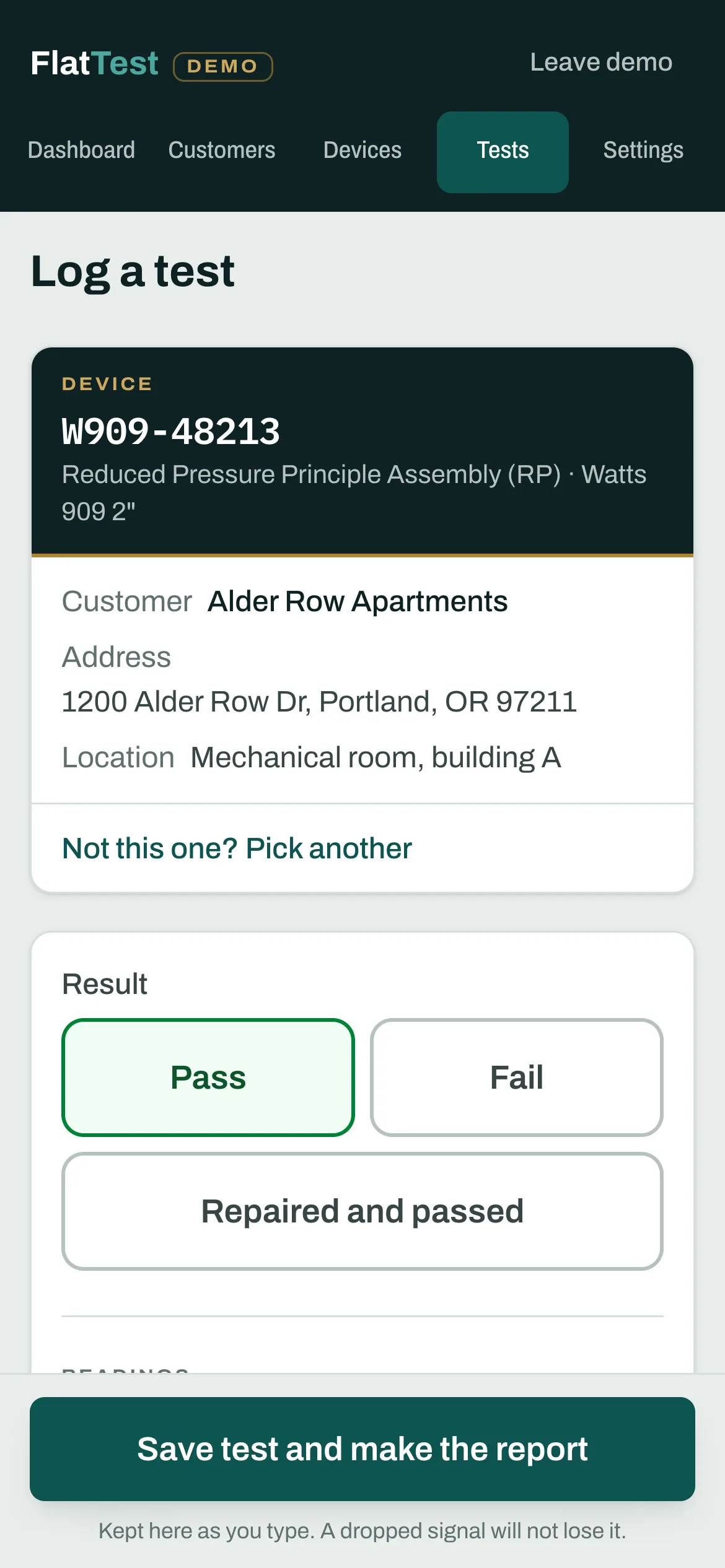 FlatTest on a phone, in a demonstration account: a test being logged on a reduced pressure valve, with Pass chosen, above the button that saves the test and makes the report.