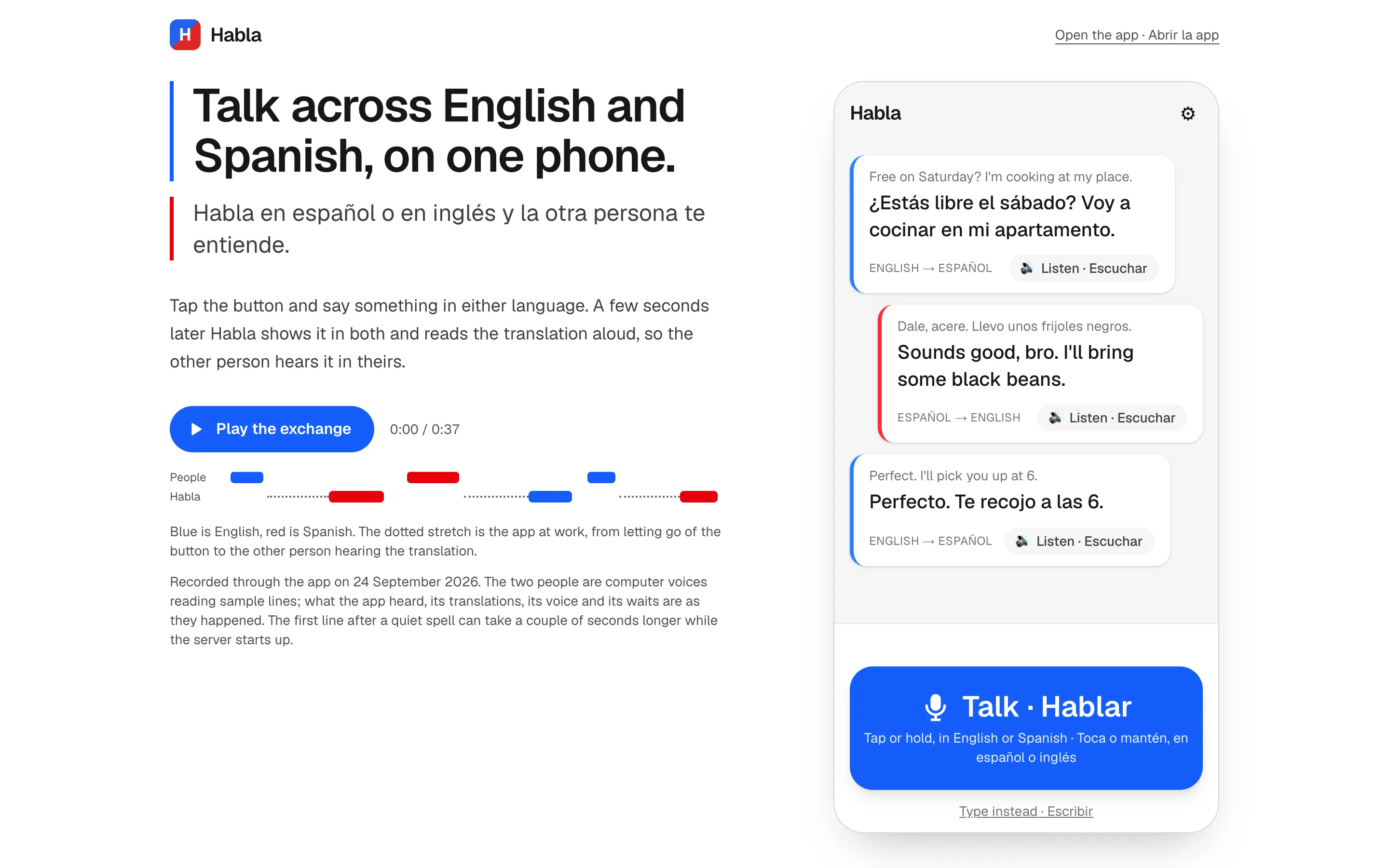 Habla's front page: the headline Talk across English and Spanish, on one phone, beside the app's screen with a three-line exchange, English to Spanish, Spanish to English, English to Spanish.