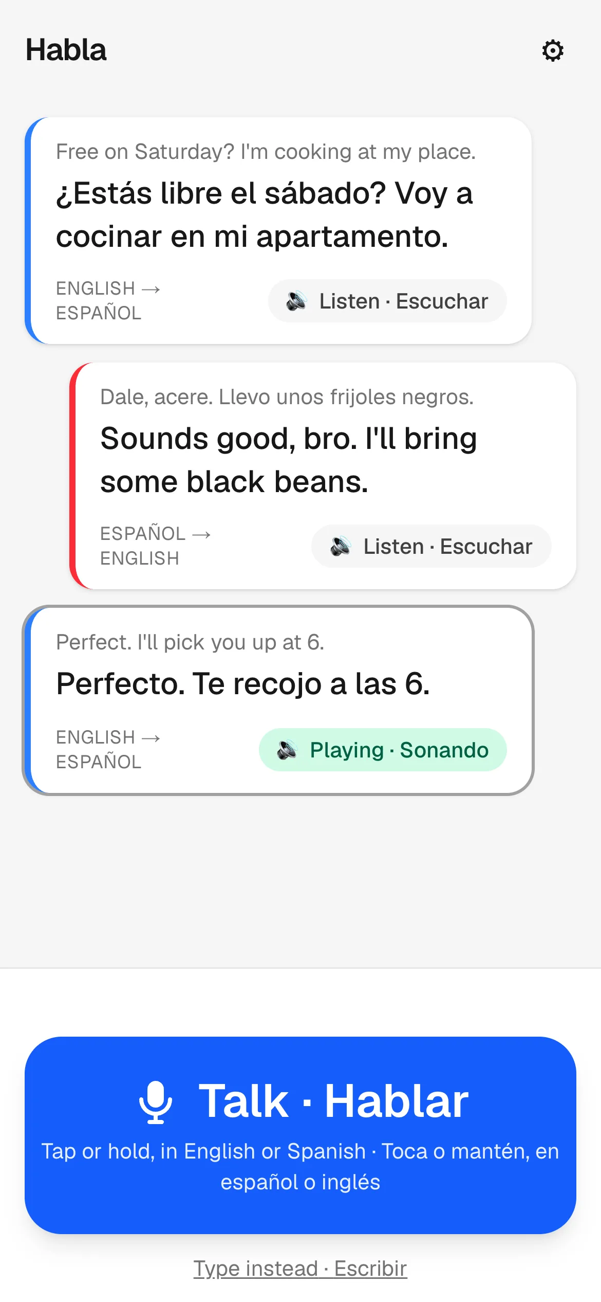 Habla on a phone mid-conversation: three lines, each in both languages, the last being read aloud in Spanish, above the Talk button.