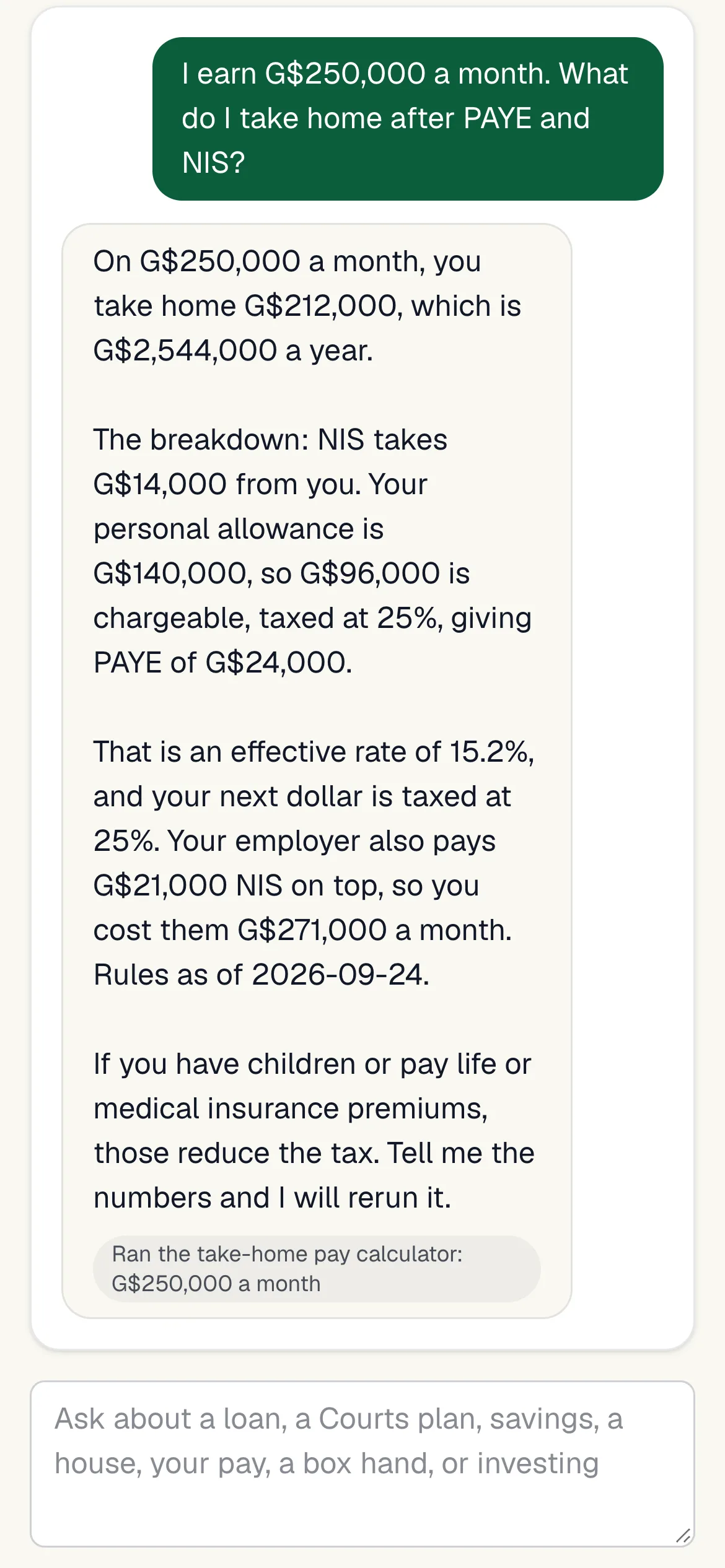 Mek Sense on a phone: the assistant, asked what G$250,000 a month takes home after PAYE and NIS, answering G$212,000, with the breakdown from the take-home pay calculator.